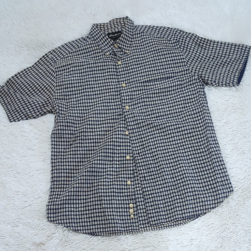 Eddie Bauer Men's Blue and White Checkered Button Down Short Sleeve Shirt L